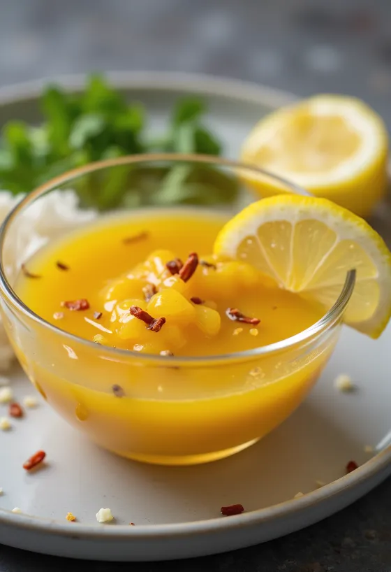 ซอสมะนาวเลมอนพริกน้ำผึ้งสีเหลืองใสในถ้วยแก้ว