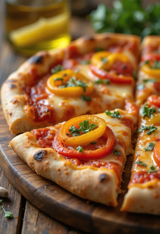 Pizza ai Peperoni พร้อมพริกหลากสีและมอสซาเรลล่า