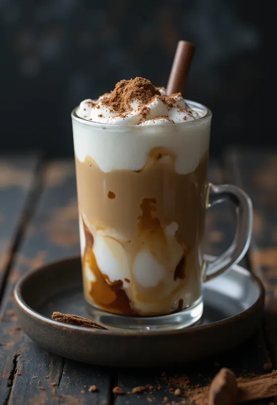 กาแฟเย็นฟองนุ่มใส่น้ำแข็งและวิปครีม