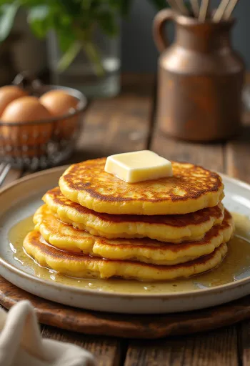 แพนเค้กข้าวโพด Johnnycake สีเหลืองทองซ้อนกัน