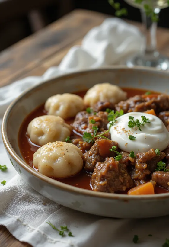 สตูว์เนื้อในจานเสิร์ฟพร้อมดัมปลิ้งคอทเทจชีส