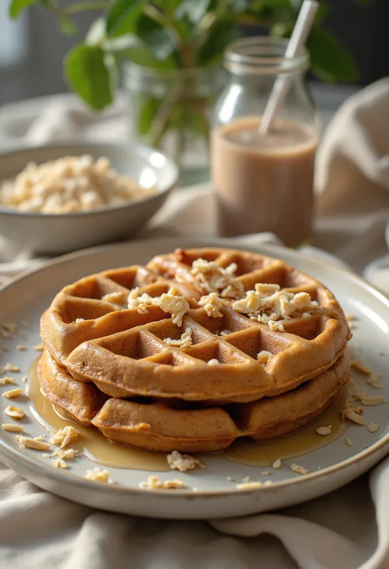 วาฟเฟิลโปรตีนพร้อมผลไม้สดและโยเกิร์ต