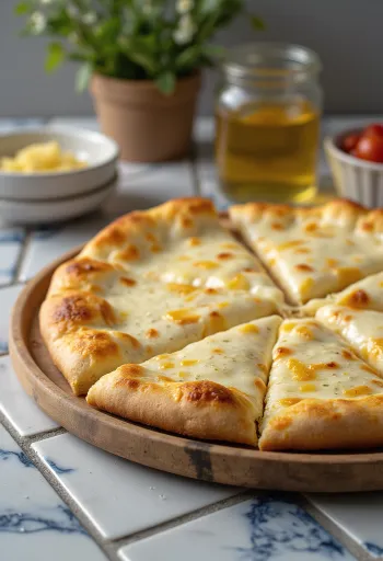 Pizza alla Crema ชีสครีมมี่และใบโหระพาบนถาดไม้
