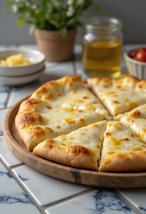 Pizza alla Crema ชีสครีมมี่และใบโหระพาบนถาดไม้