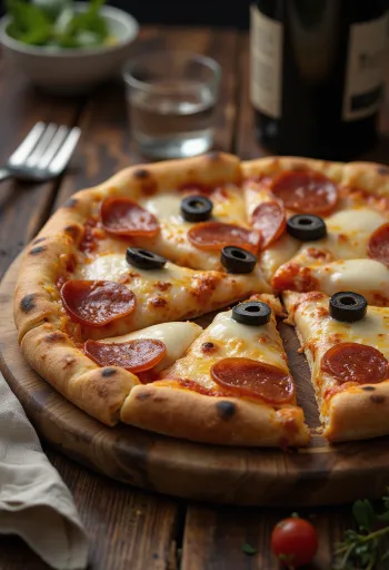 พิซซ่าเปปเปอโรนีกับมะกอกดำพร้อมเสิร์ฟ