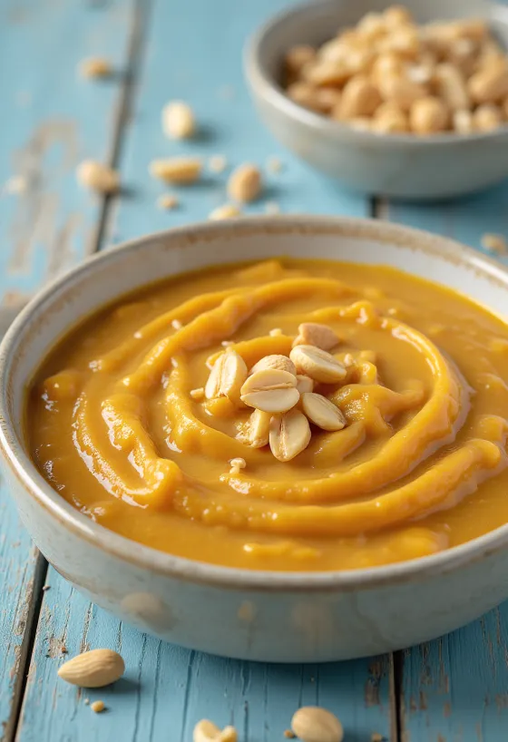 ซอสถั่วลิสงแกงกะหรี่เสิร์ฟในชามพร้อมผักชีสด