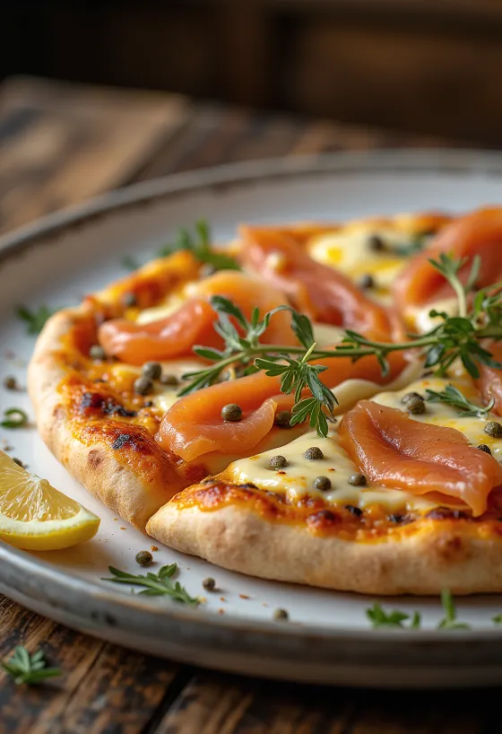 Pizza à la Norvégienne หน้าแซลมอนรมควัน เคเปอร์ และซาวครีม