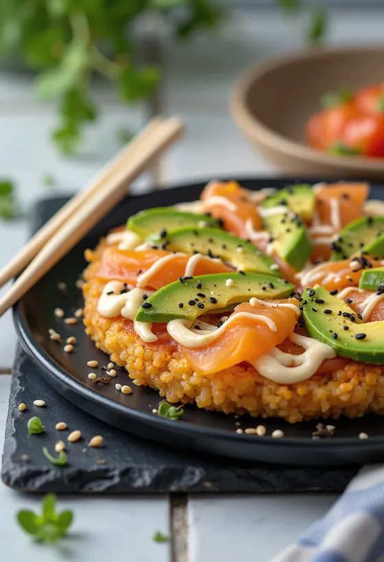 Sushi pizza ฐานข้าวญี่ปุ่น แซลมอนและอะโวคาโด