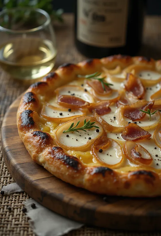 Tarte flambée หน้าซาวครีม หัวหอม และเบคอน