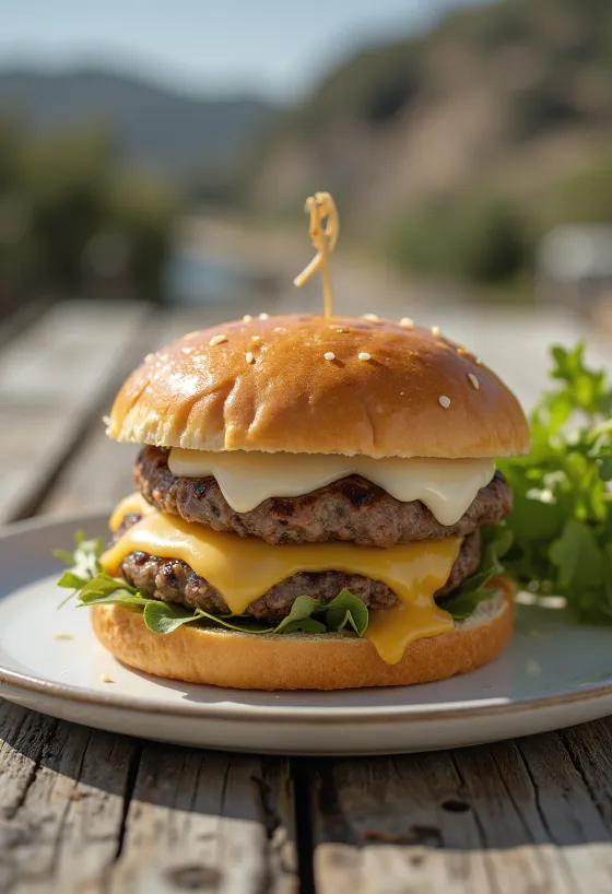 แฮมเบอร์เกอร์ชีสมอนเทอเรย์แจ็คพร้อมเนื้อฉ่ำและชีสมอนเทอเรย์แจ็คเยิ้ม