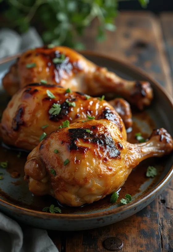 น่องไก่งวงย่างเสิร์ฟพร้อมสมุนไพรสดและผักย่าง