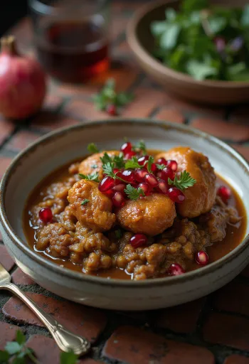 เฟเซนจูนไก่พร้อมเมล็ดทับทิมและข้าวสวย