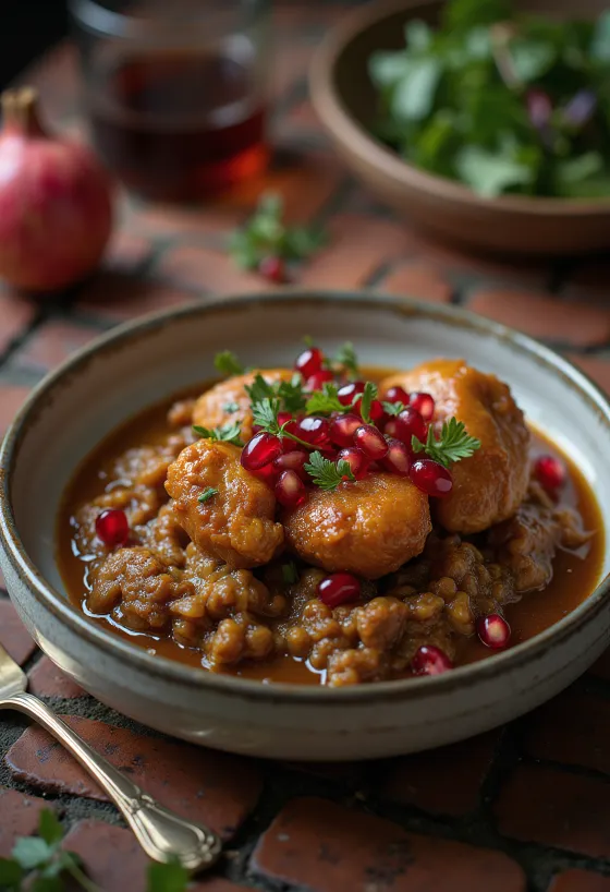 เฟเซนจูนไก่พร้อมเมล็ดทับทิมและข้าวสวย