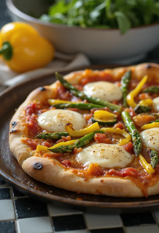 Pizza Primavera กับผักฤดูใบไม้ผลิและใบโหระพา
