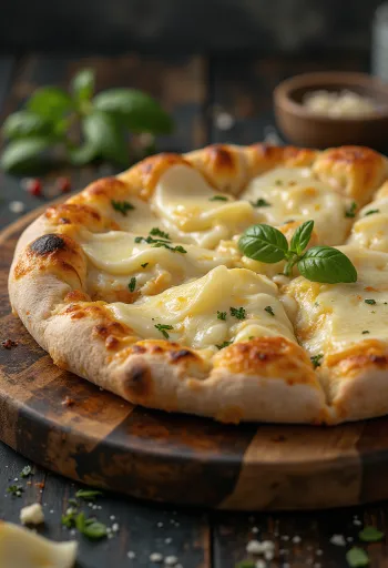 Pizza ai Formaggi เสิร์ฟพร้อมชีสหลากหลายและใบโหระพา