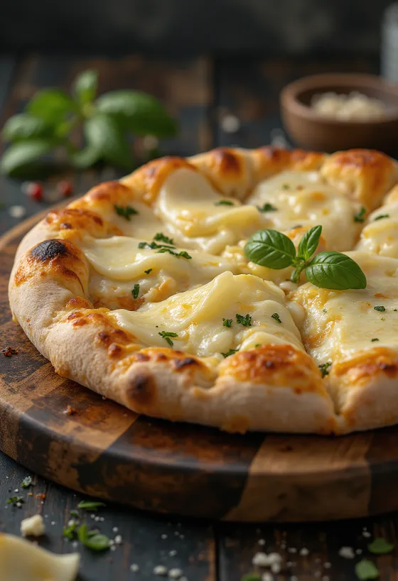 Pizza ai Formaggi เสิร์ฟพร้อมชีสหลากหลายและใบโหระพา