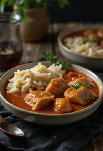 สตูว์หมูฮังการีเสิร์ฟพร้อมนอคเคอดลี (Nokedli) พร้อมเสิร์ฟ