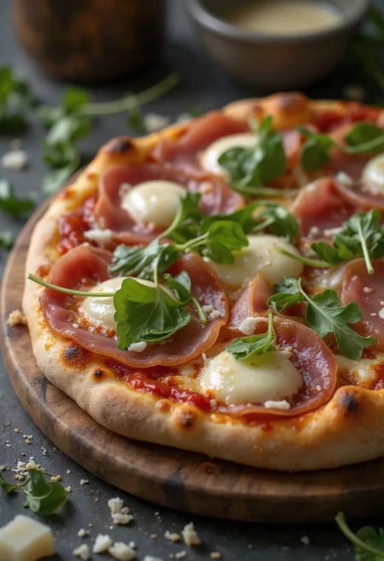 Pizza al Prosciutto Crudo เสิร์ฟพร้อมพาร์มาแฮมและร็อกเก็ต