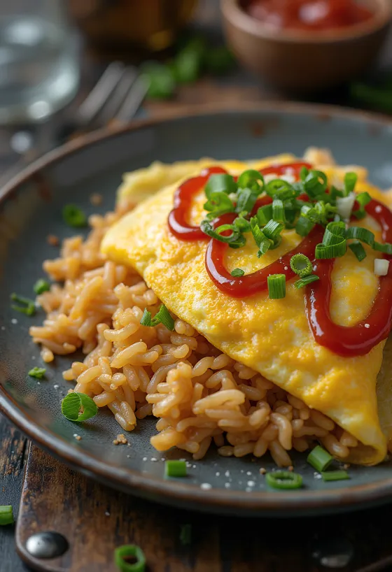 ข้าวห่อไข่เสิร์ฟพร้อมต้นหอมสด