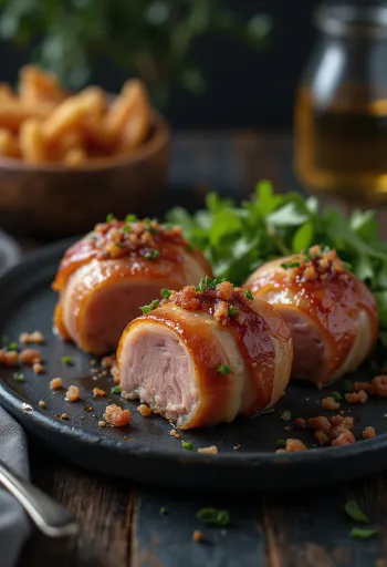 สันในหมูพันเบคอน เสิร์ฟพร้อมผักสด