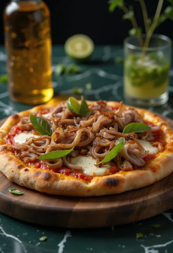 พิซซ่าสไตล์คิวบาพร้อมหมูอบและหอมใหญ่คาราเมลไลซ์