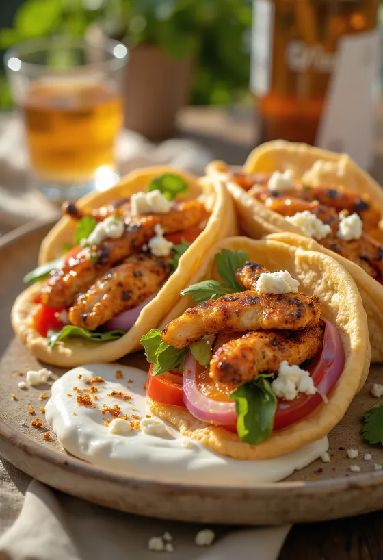 ไจโรไก่รสเผ็ดกับไก่ย่าง ผักสด และซอสซาทซีซิกิรสจัด