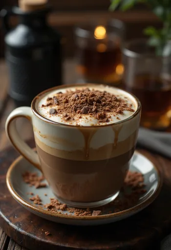 ลาเต้น้ำผึ้งช็อกโกแลต กาแฟครีมมี่ ตกแต่งด้วยวิปครีมและเกล็ดช็อกโกแลต