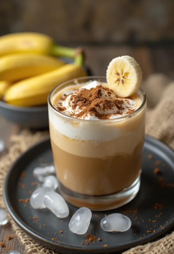 กาแฟเย็นกล้วยหอมเนื้อเนียนเสิร์ฟในแก้ว