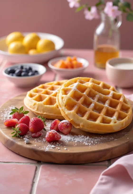 บาร์วาฟเฟิล DIY พร้อมท็อปปิ้งหลากหลายบนโต๊ะ