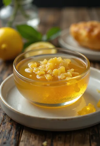 เคลือบน้ำผึ้งมะนาวขิงในถ้วย ตกแต่งด้วยมะนาวฝานและขิง
