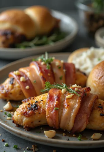 อกไก่พันเบคอนอบ เสิร์ฟพร้อมสลัดสด