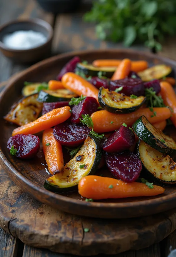 ผักย่างบีทรูทอบจนขอบเกรียม ปรุงรสด้วยบัลซามิก