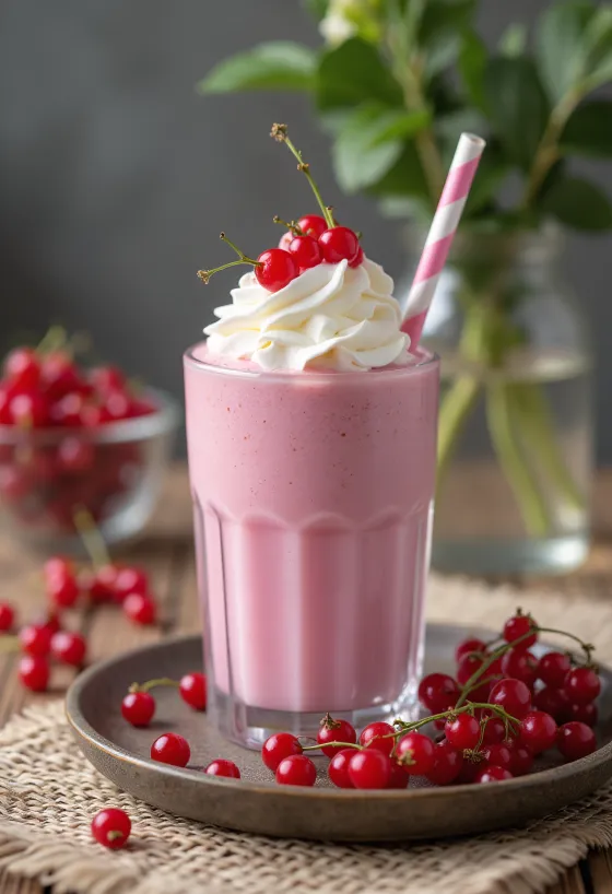 มิลค์เชคเรดเคอร์แรนท์เสิร์ฟในแก้ว ตกแต่งด้วยเรดเคอร์แรนท์สด