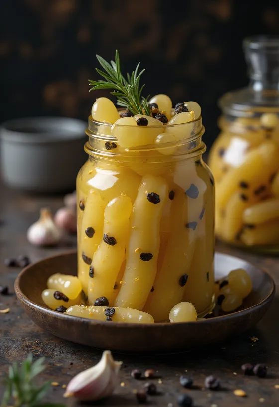 ใบองุ่นดองเปรี้ยวหวานเสิร์ฟในขวดโหล