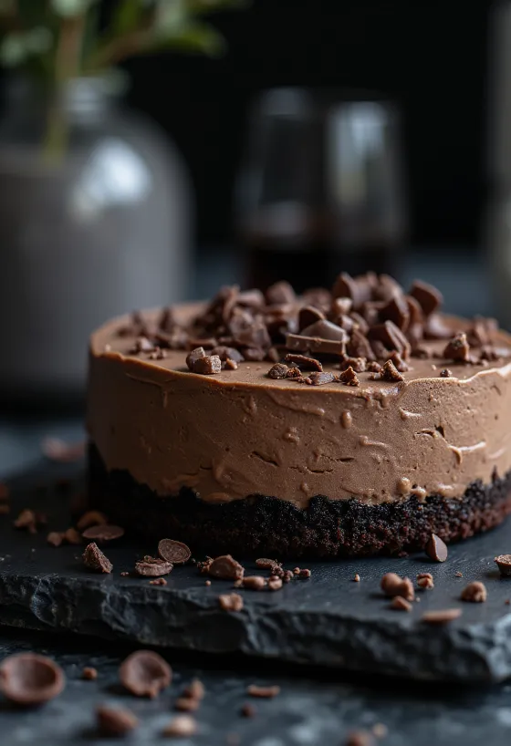 เค้กมูสช็อกโกแลตวีแกนตกแต่งด้วยผงโกโก้และผลไม้