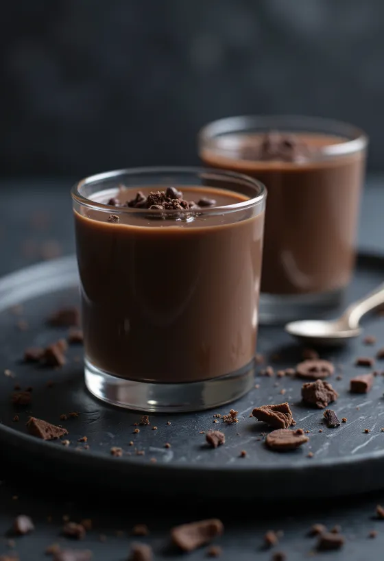 พานาคอตต้าช็อกโกแลตตกแต่งด้วยเบอร์รี่และเกล็ดช็อกโกแลต