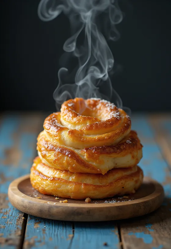 เค้กปล่องไฟอบสีเหลืองทอง โรยด้วยน้ำตาลซินนามอน