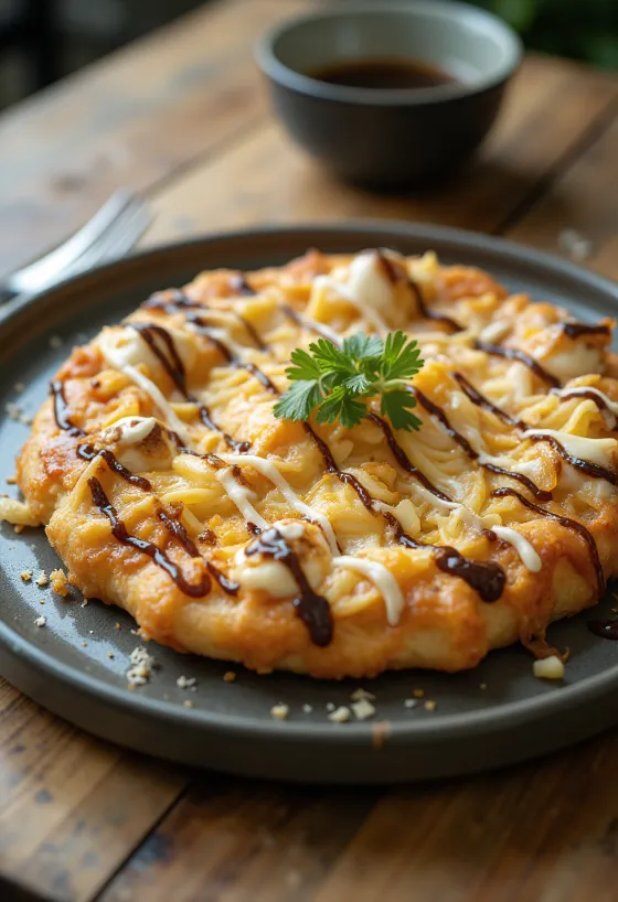 Okonomiyaki pizza กะหล่ำปลีและปลาโอแห้ง