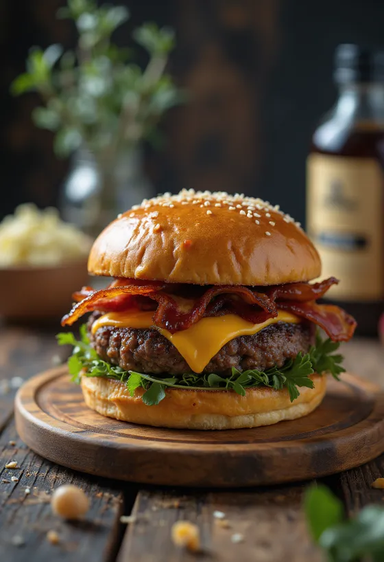 บาร์บีคิวเบคอนชีสเบอร์เกอร์พร้อมเนื้อชุ่มฉ่ำและซอสบาร์บีคิวรสควัน