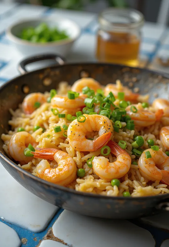 ข้าวผัดกุ้งไข่และผักในจาน