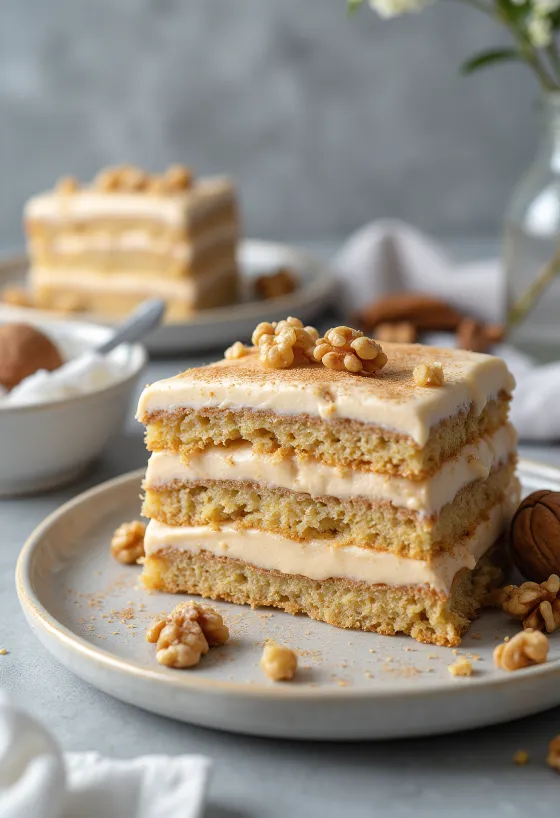 เค้กอบเชยหอมกรุ่นราดครีมวอลนัทบนจานเสิร์ฟ
