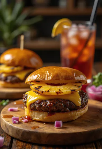 เบอร์เกอร์ฮาวายเอี้ยนเสิร์ฟพร้อมสับปะรดย่าง