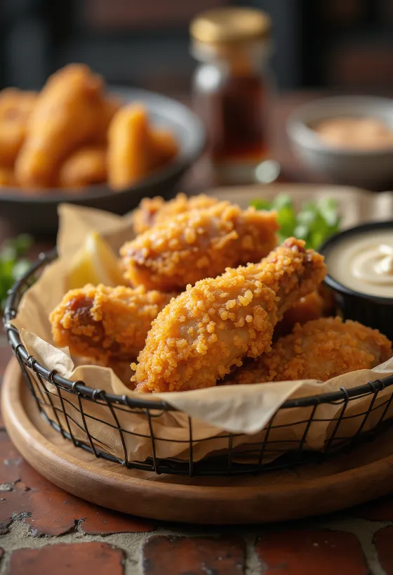 ปีกไก่ทอดกรอบสีเหลืองทอง เสิร์ฟพร้อมผักสดและดิปปิ้ง