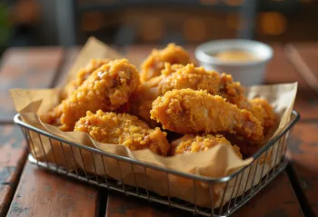 ปีกไก่ทอดกรอบสีเหลืองทอง เสิร์ฟพร้อมผักสดและดิปปิ้ง