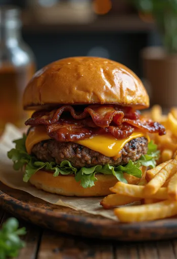 โฮมเมดบาร์บีคิวเบอร์เกอร์บนตะแกรงไม้