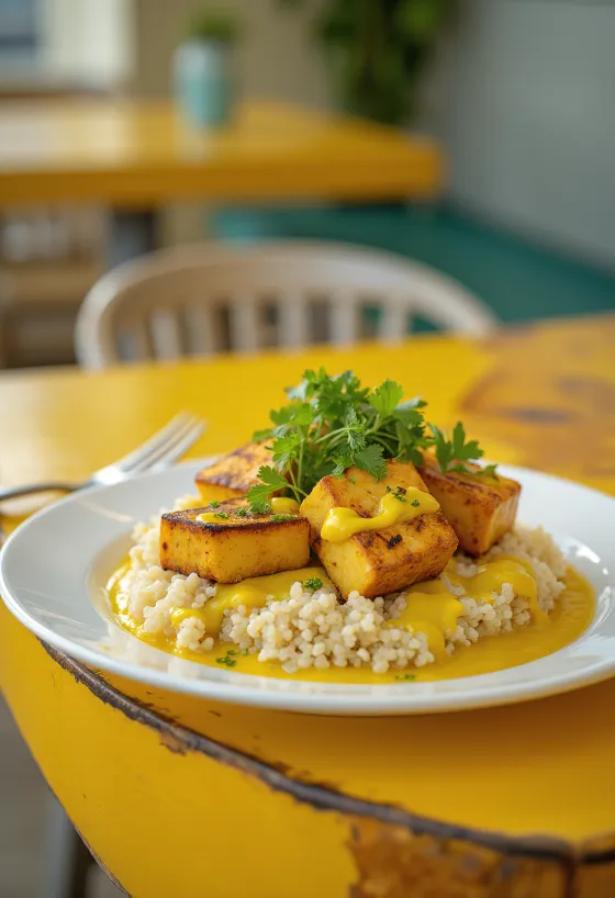 แกงกะหรี่คีนัวเต้าหู้ย่างผสมทาฮินีจัดเสิร์ฟ