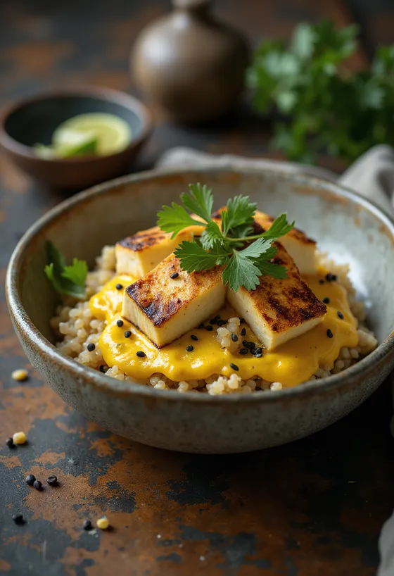 เต้าหู้ย่างควินัวกับซอสทาฮินีมะนาวแกงกะหรี่จัดเสิร์ฟ