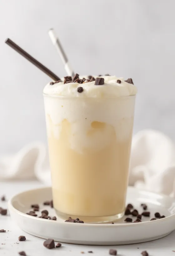 วานิลลาแฟรปเป้เนื้อครีมในแก้วพร้อมวิปปิ้งครีมและเกล็ดช็อกโกแลต
