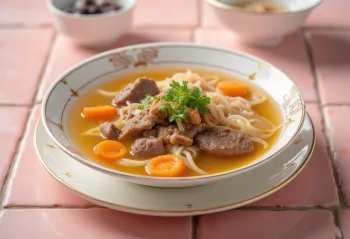 ซุปเนื้อวัวเสิร์ฟพร้อมผักสดและเส้นหมี่