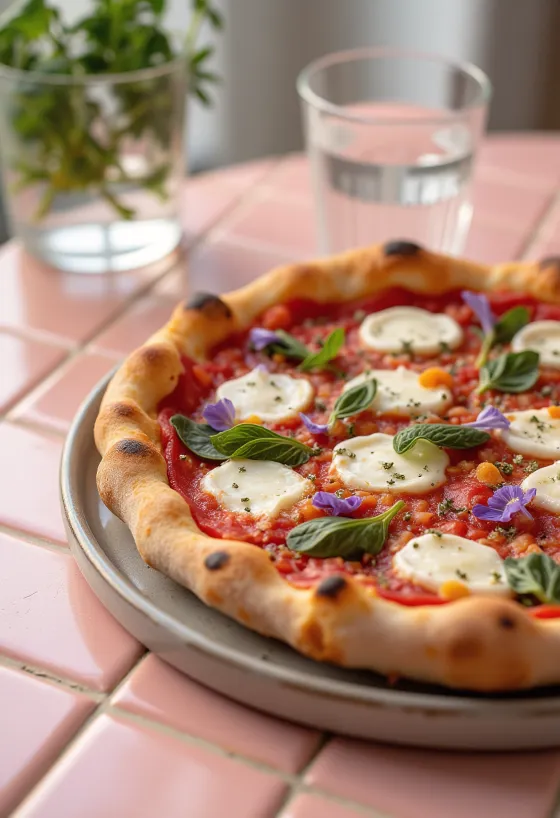 Pizza ai Fiori di Basilico พร้อมโหระพาสดและดอกโหระพา